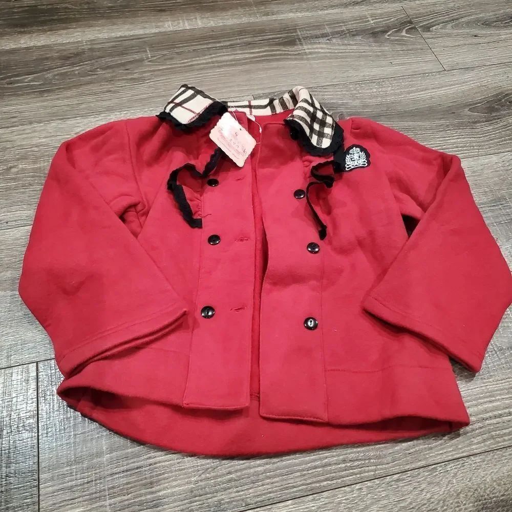 NEW Girls Pea Coat Size 10 (140) Chic Red Kids Pea Coat with Plaid Collar
